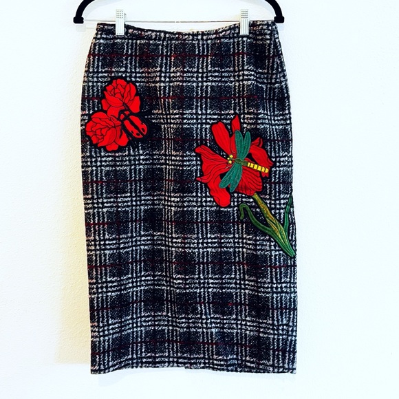 Philosophy Wool Plaid Midi Skirt Red Flower Appliqués - Picture 1 of 10
